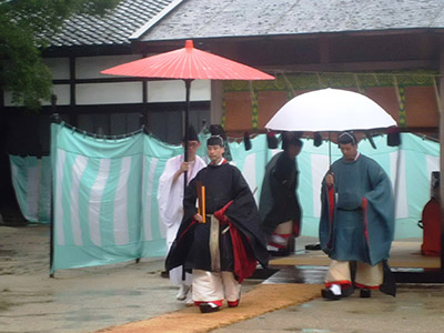 雨の中、勅使として神殿に参進する上卿役の宮内庁掌典 雨の中、勅使として神殿に参進する上卿役の宮内庁掌典