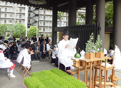 御神田御田植祭の祭詞を奏上する三宅善信師 御神田御田植祭の祭詞を奏上する三宅善信師