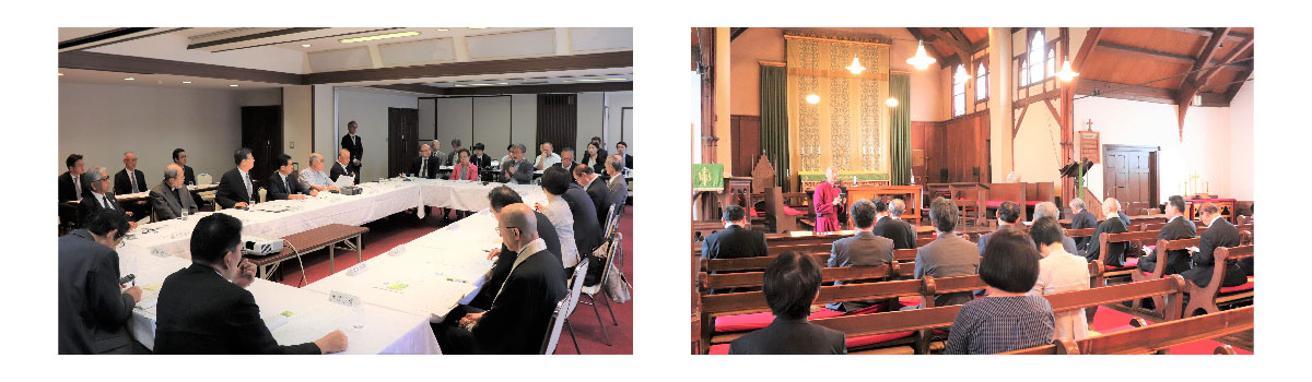 左）日本聖公会京都教区事務所で開催されたWCRP日本委員会の理事会　右）日本聖公会京都教区主教座聖堂聖アグネス教会の説明を聞くWCRP日本委員会関係者