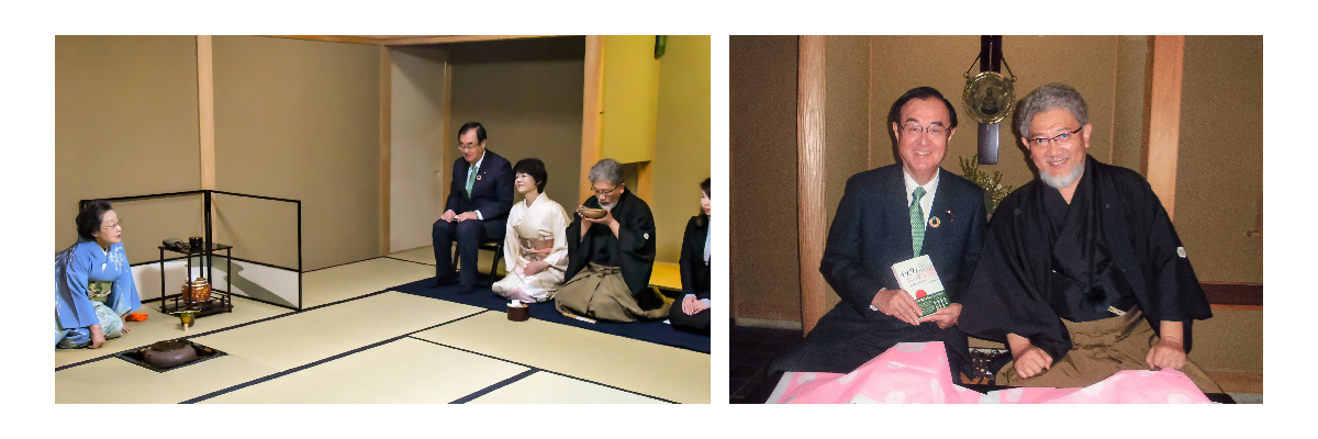 自民党国防部会長の原田憲司衆議院議員と共に濃茶の接待を受ける三宅善信代表