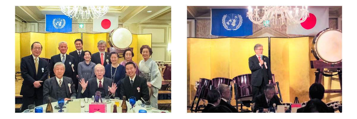 関西国連協会で話をする三宅善信代表と田嶋英雄・四方修・時勝矢一路らと共に