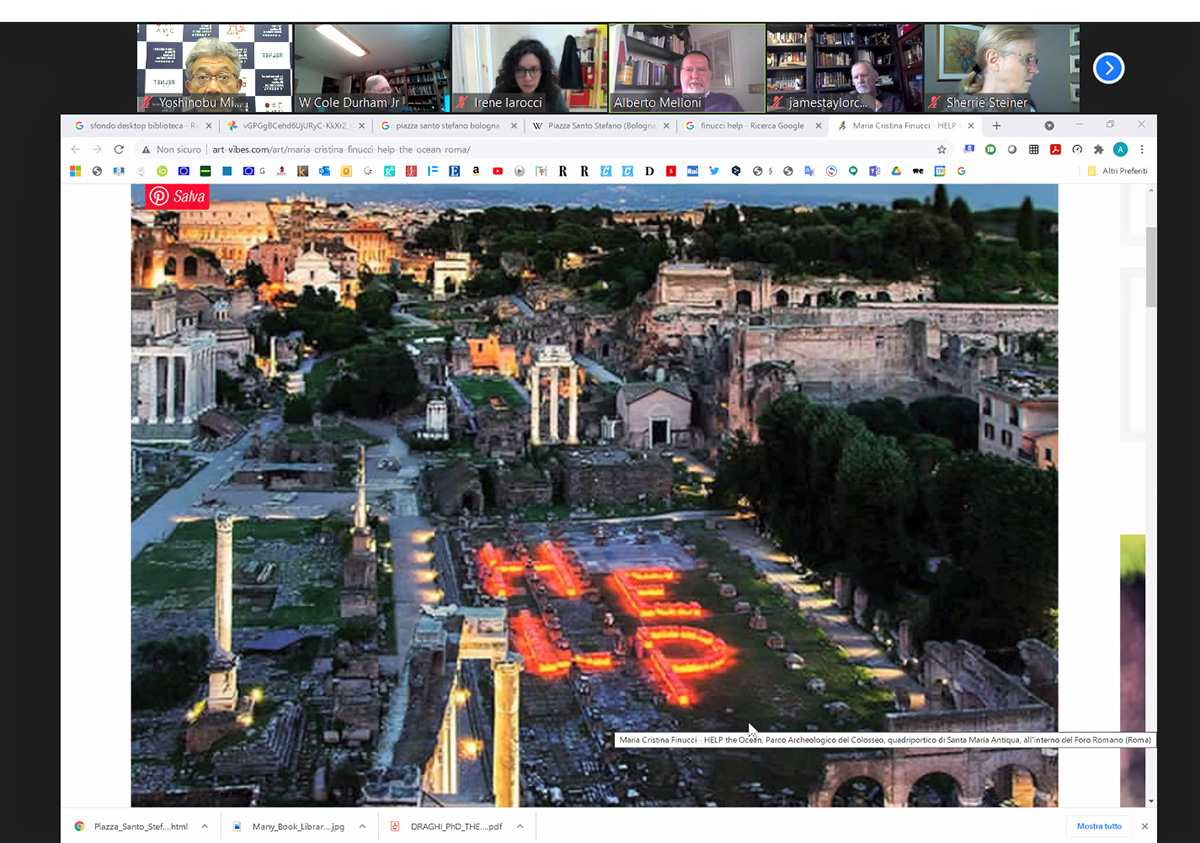 ボローニャの会場を画面共有しながらオンラインで開催されたG20諸宗教フォーラム運営委員会の様子