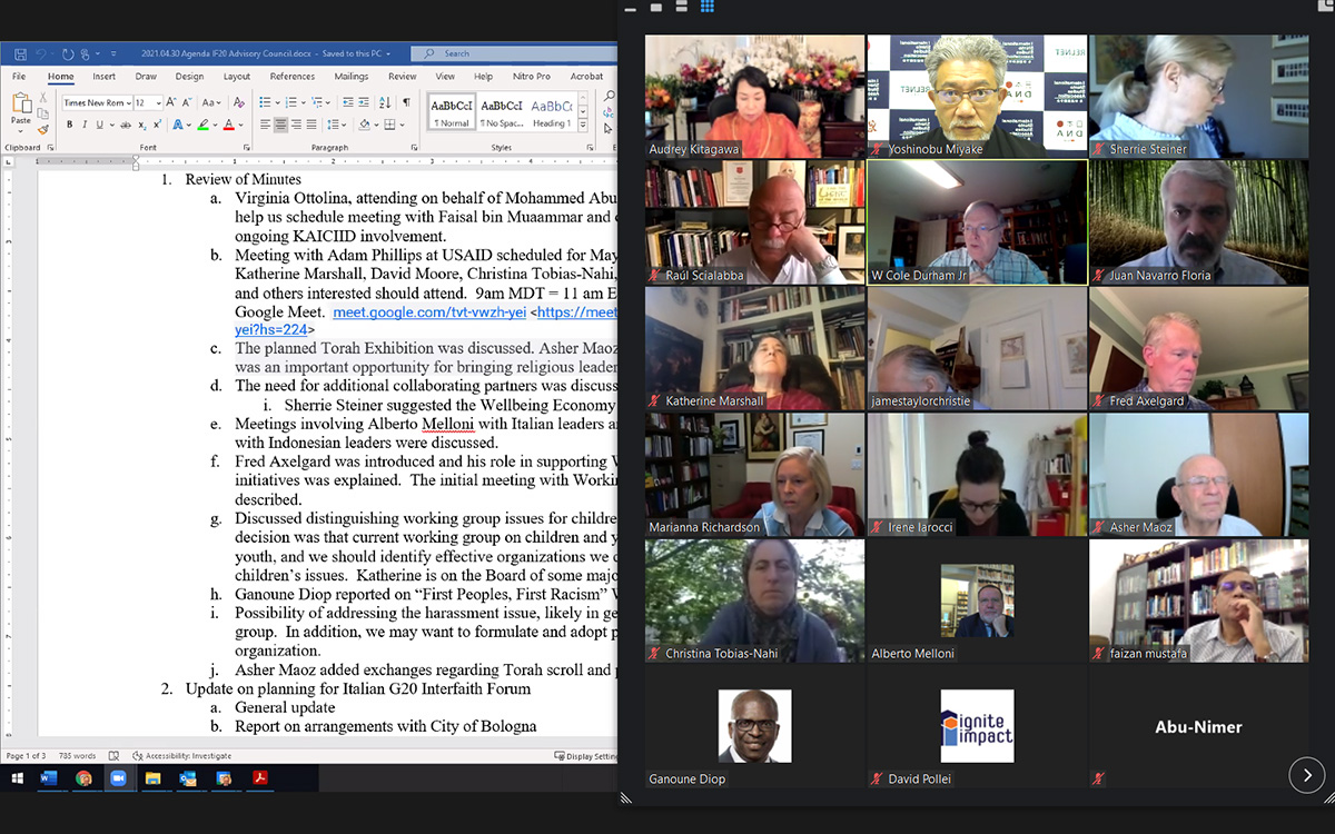 課題を列挙した画面共有しながらオンラインで開催されたG20諸宗教フォーラム運営委員会の様子